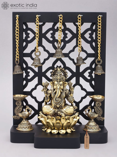 12" Brass Ganapati Statue with Jali Wood Frame and Peacock Lamps