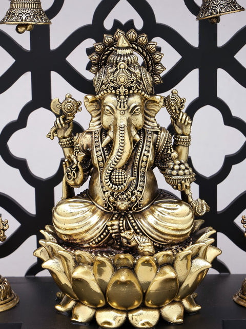 12" Jali Design Wood Framed Superfine Bhagawan Ganapati Statue in Brass with Peacock Lamps