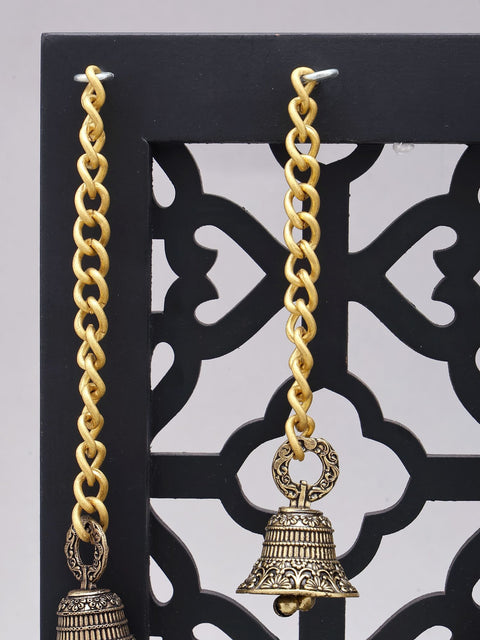 12" Jali Design Wood Framed Superfine Bhagawan Ganapati Statue in Brass with Peacock Lamps