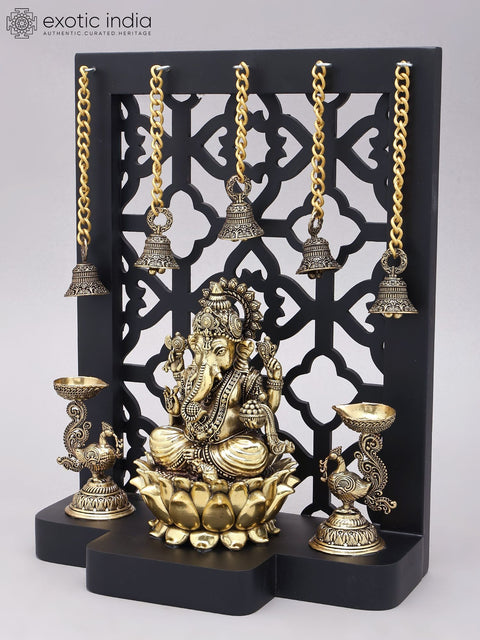 12" Jali Design Wood Framed Superfine Bhagawan Ganapati Statue in Brass with Peacock Lamps