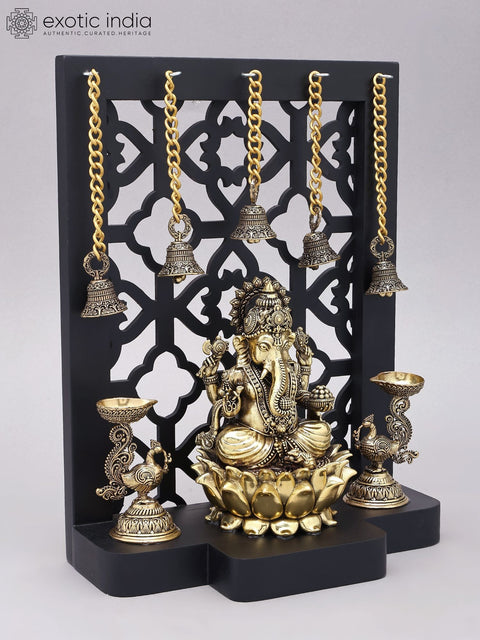 12" Jali Design Wood Framed Superfine Bhagawan Ganapati Statue in Brass with Peacock Lamps