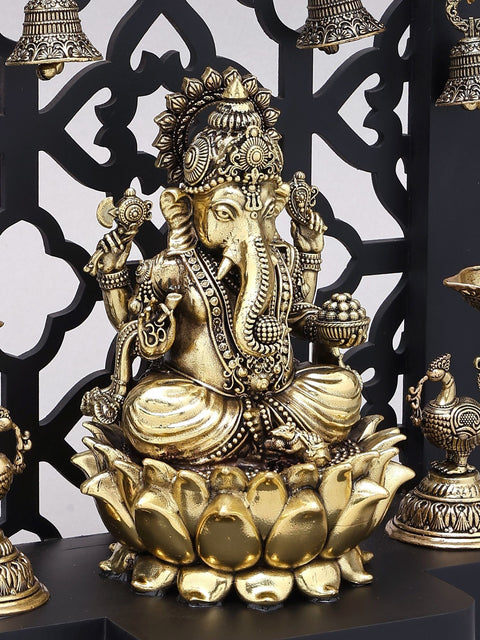 12" Jali Design Wood Framed Superfine Bhagawan Ganapati Statue in Brass with Peacock Lamps
