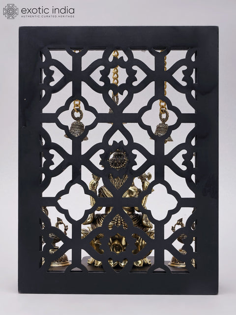 12" Jali Design Wood Framed Superfine Bhagawan Ganapati Statue in Brass with Peacock Lamps