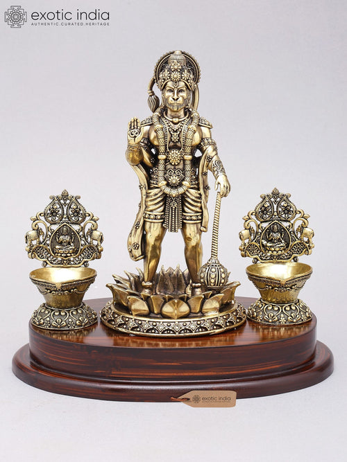10" Handmade Brass Lord Hanuman Statue with Blessing Gesture and Lamps