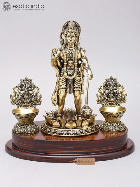 10" Superfine Standing Lord Hanuman in Blessing Gesture with Lamps | Brass Statue on Wood Base