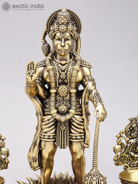 10" Superfine Standing Lord Hanuman in Blessing Gesture with Lamps | Brass Statue on Wood Base