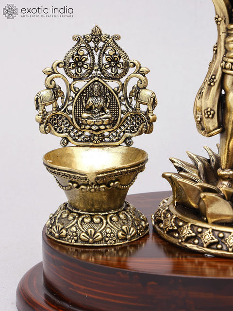 10" Superfine Standing Lord Hanuman in Blessing Gesture with Lamps | Brass Statue on Wood Base