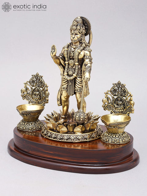 10" Superfine Standing Lord Hanuman in Blessing Gesture with Lamps | Brass Statue on Wood Base