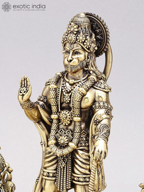10" Superfine Standing Lord Hanuman in Blessing Gesture with Lamps | Brass Statue on Wood Base