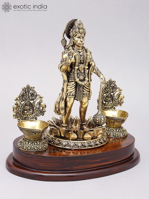 10" Superfine Standing Lord Hanuman in Blessing Gesture with Lamps | Brass Statue on Wood Base