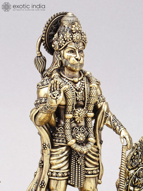 10" Superfine Standing Lord Hanuman in Blessing Gesture with Lamps | Brass Statue on Wood Base