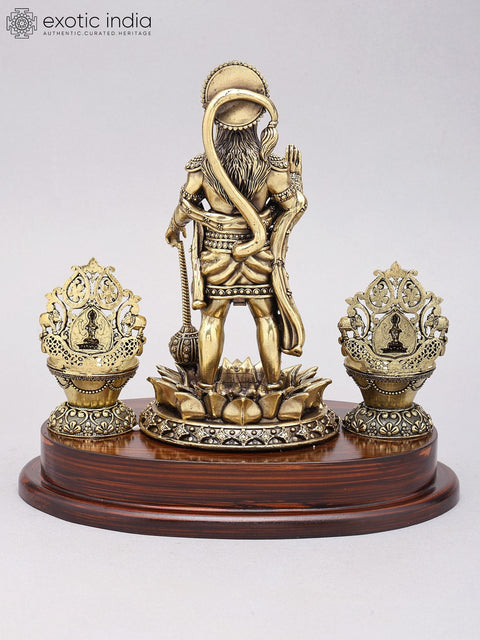 10" Superfine Standing Lord Hanuman in Blessing Gesture with Lamps | Brass Statue on Wood Base