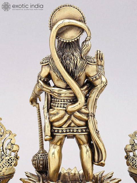 10" Superfine Standing Lord Hanuman in Blessing Gesture with Lamps | Brass Statue on Wood Base