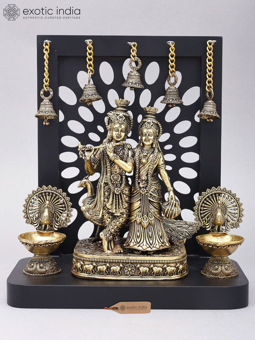 12" Radha Krishna with Peacock Lamps Brass Statue and Wood Frame