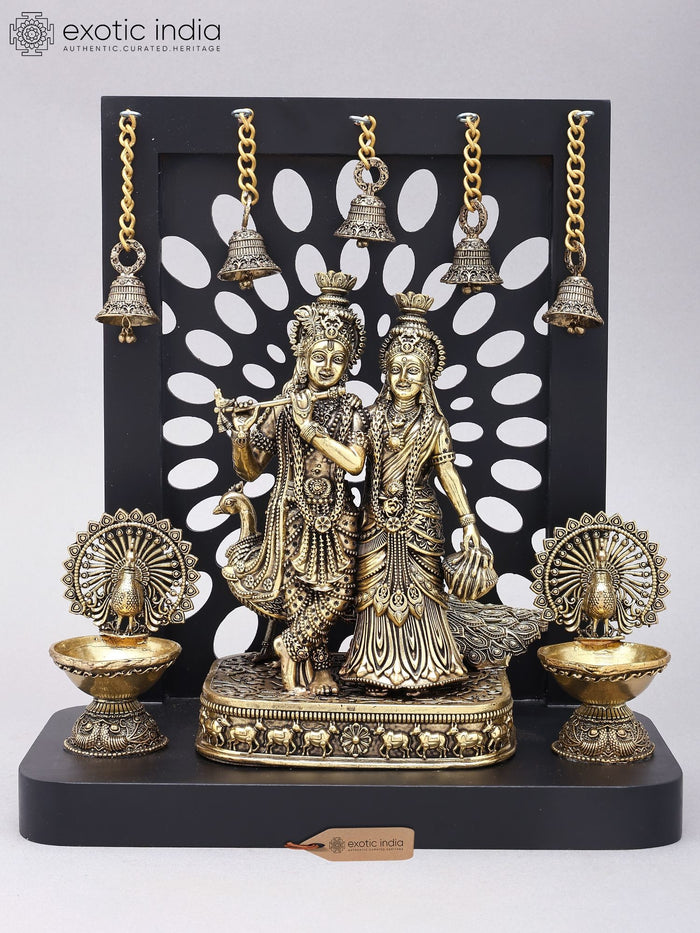 12" Radha Krishna with Peacock Lamps Brass Statue and Wood Frame