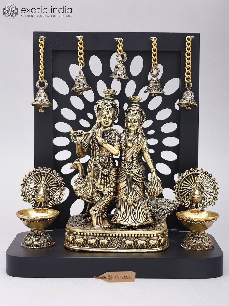12" Radha Krishna with Peacock Lamps Brass Statue and Wood Frame