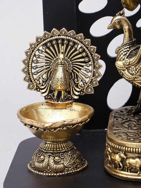12" Superfine Divine Pair of Radha Krishna with Peacock Lamps and Bells | Brass Statue with Designer Wood Frame