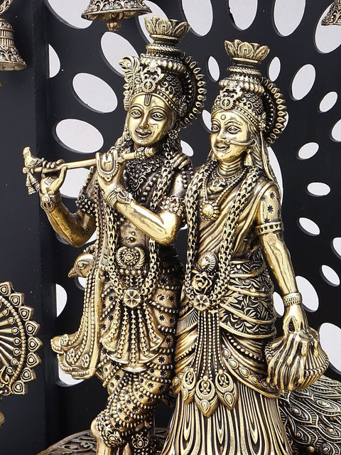 12" Superfine Divine Pair of Radha Krishna with Peacock Lamps and Bells | Brass Statue with Designer Wood Frame