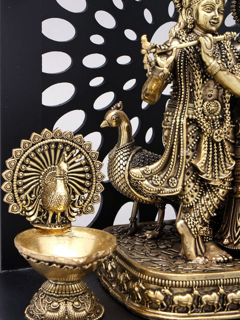 12" Superfine Divine Pair of Radha Krishna with Peacock Lamps and Bells | Brass Statue with Designer Wood Frame