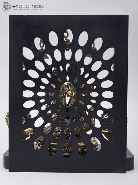 12" Superfine Divine Pair of Radha Krishna with Peacock Lamps and Bells | Brass Statue with Designer Wood Frame