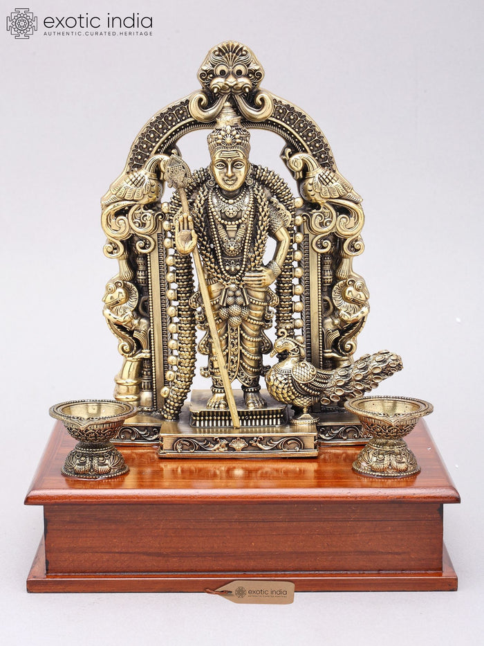 10" Handmade Lord Murugan Brass Statue with Oil Lamps Wood Base