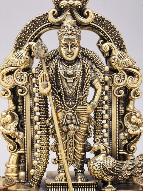 10" Superfine Lord Murugan (Karttikeya) Statue with Lamps on Wood Base
