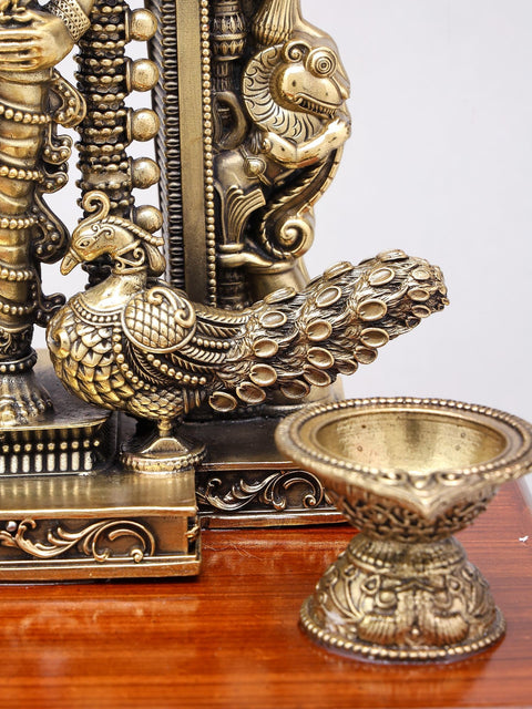 10" Superfine Lord Murugan (Karttikeya) Statue with Lamps on Wood Base