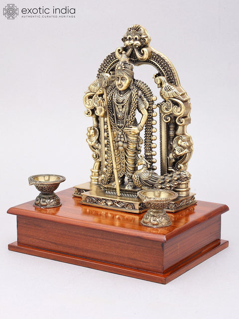 10" Superfine Lord Murugan (Karttikeya) Statue with Lamps on Wood Base