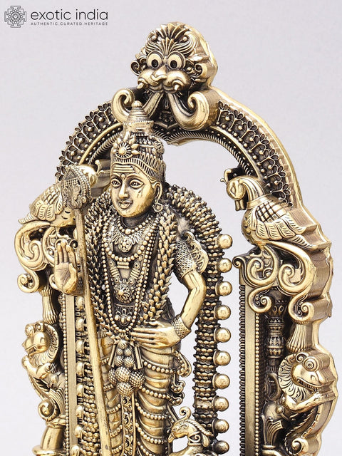 10" Superfine Lord Murugan (Karttikeya) Statue with Lamps on Wood Base