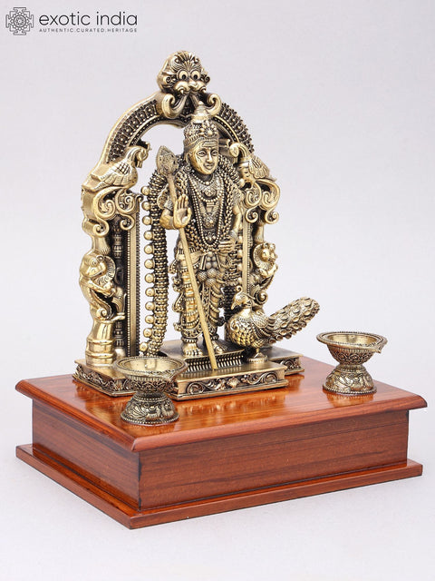 10" Superfine Lord Murugan (Karttikeya) Statue with Lamps on Wood Base