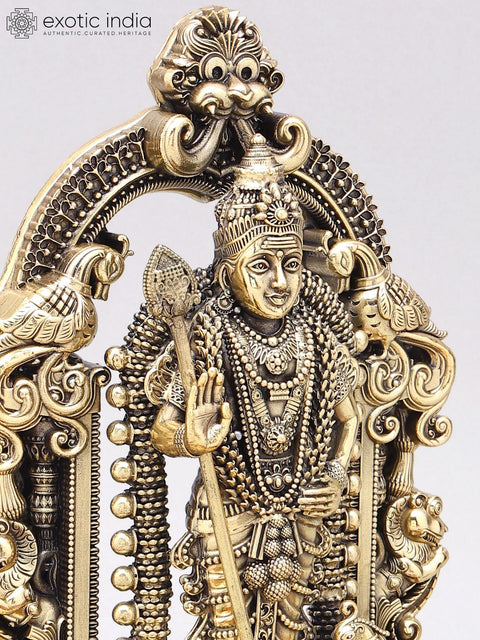 10" Superfine Lord Murugan (Karttikeya) Statue with Lamps on Wood Base