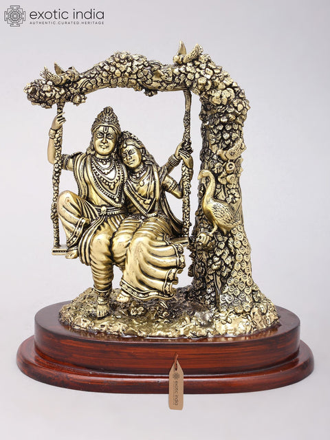 7" Superfine Radha Krishna on Swing | Brass Statue on Wood Base