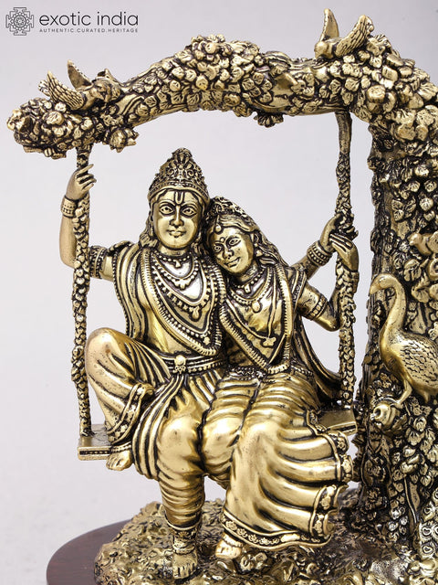 7" Superfine Radha Krishna on Swing | Brass Statue on Wood Base