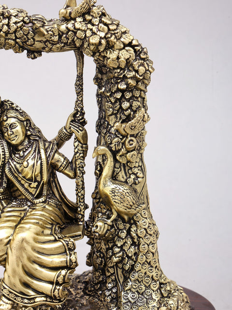 7" Superfine Radha Krishna on Swing | Brass Statue on Wood Base