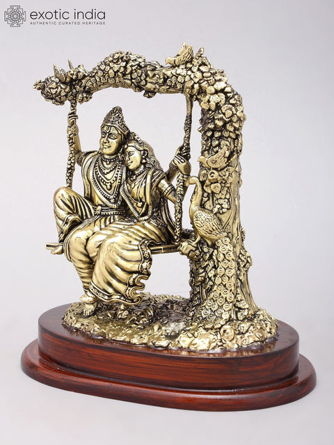 7" Superfine Radha Krishna on Swing | Brass Statue on Wood Base