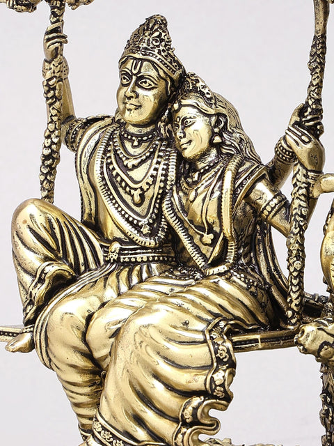 7" Superfine Radha Krishna on Swing | Brass Statue on Wood Base