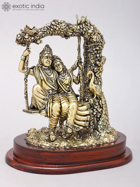7" Superfine Radha Krishna on Swing | Brass Statue on Wood Base