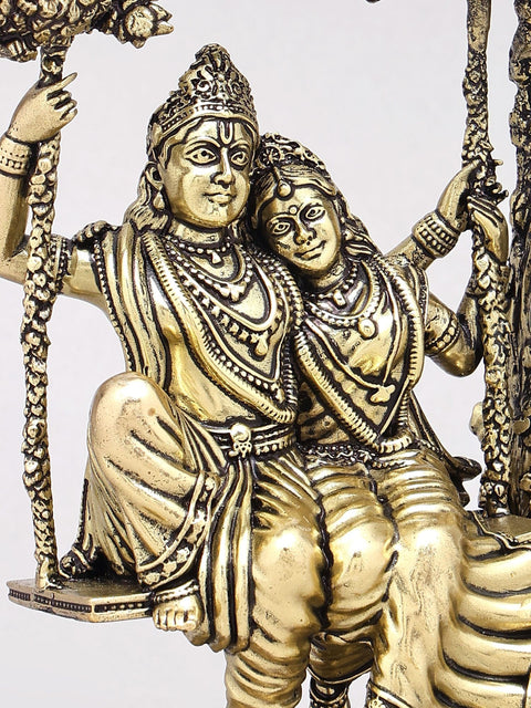 7" Superfine Radha Krishna on Swing | Brass Statue on Wood Base