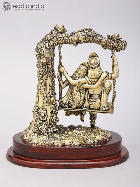 7" Superfine Radha Krishna on Swing | Brass Statue on Wood Base