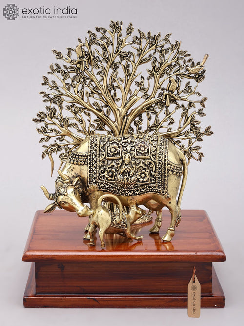 8" Handmade Cow and Calf Brass Statue with Wood Base