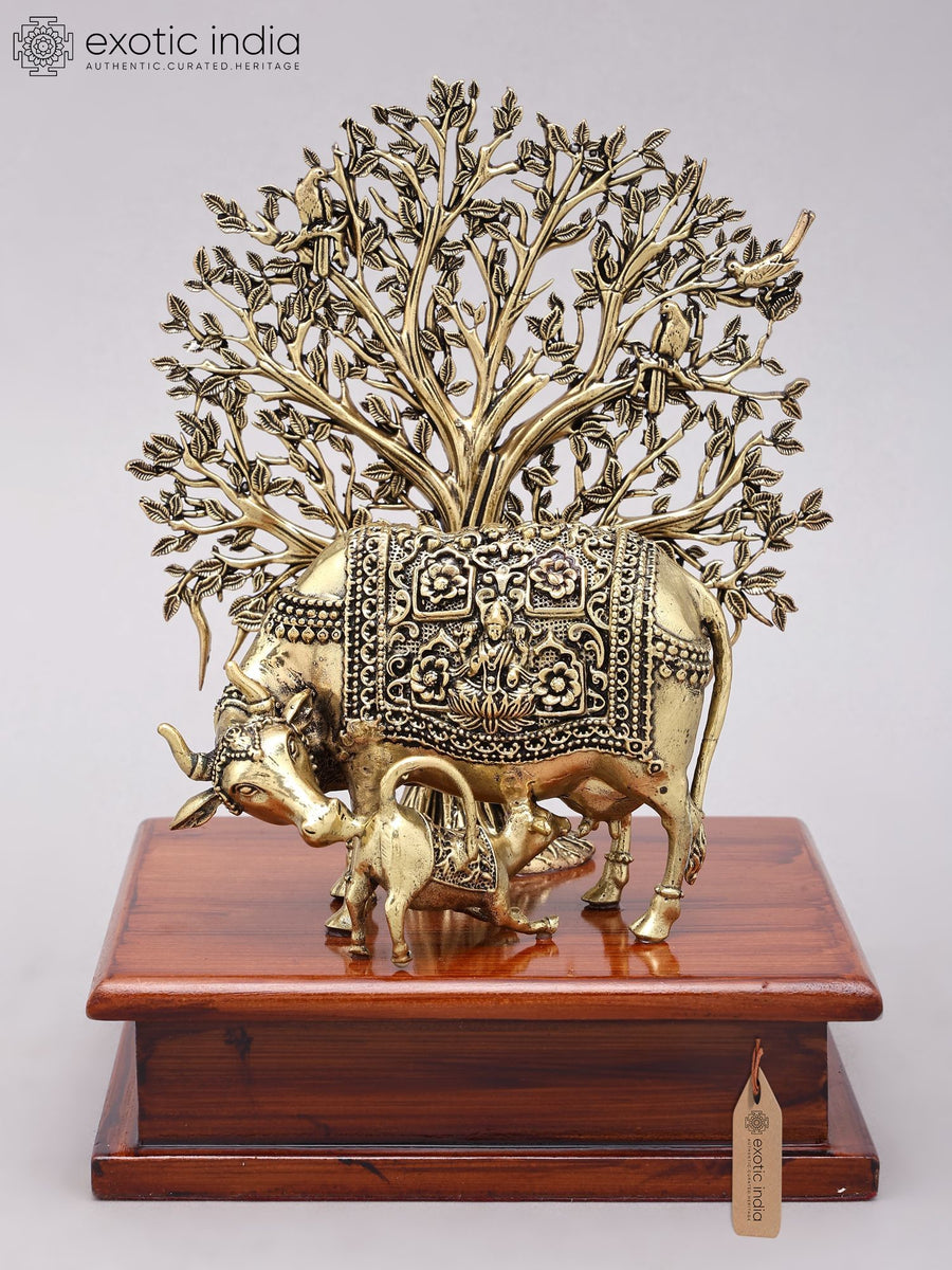 8" Handmade Cow and Calf Brass Statue with Wood Base