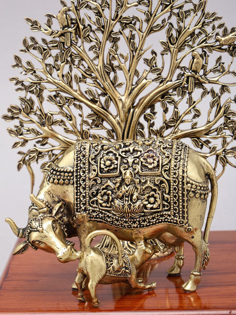 8" Superfine Cow and Calf with Tree as Backdrop | Brass Statue with Wood Base