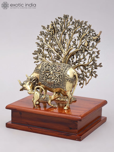 8" Superfine Cow and Calf with Tree as Backdrop | Brass Statue with Wood Base