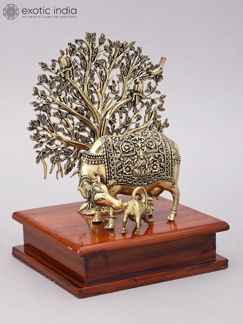 8" Superfine Cow and Calf with Tree as Backdrop | Brass Statue with Wood Base