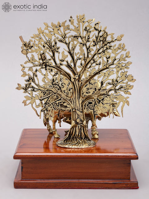 8" Superfine Cow and Calf with Tree as Backdrop | Brass Statue with Wood Base