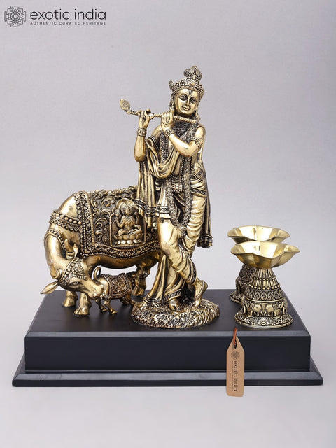 12" Superfine Fluting Krishna with Cow and Calf and Oil Lamps | Brass Statue on Wood Base