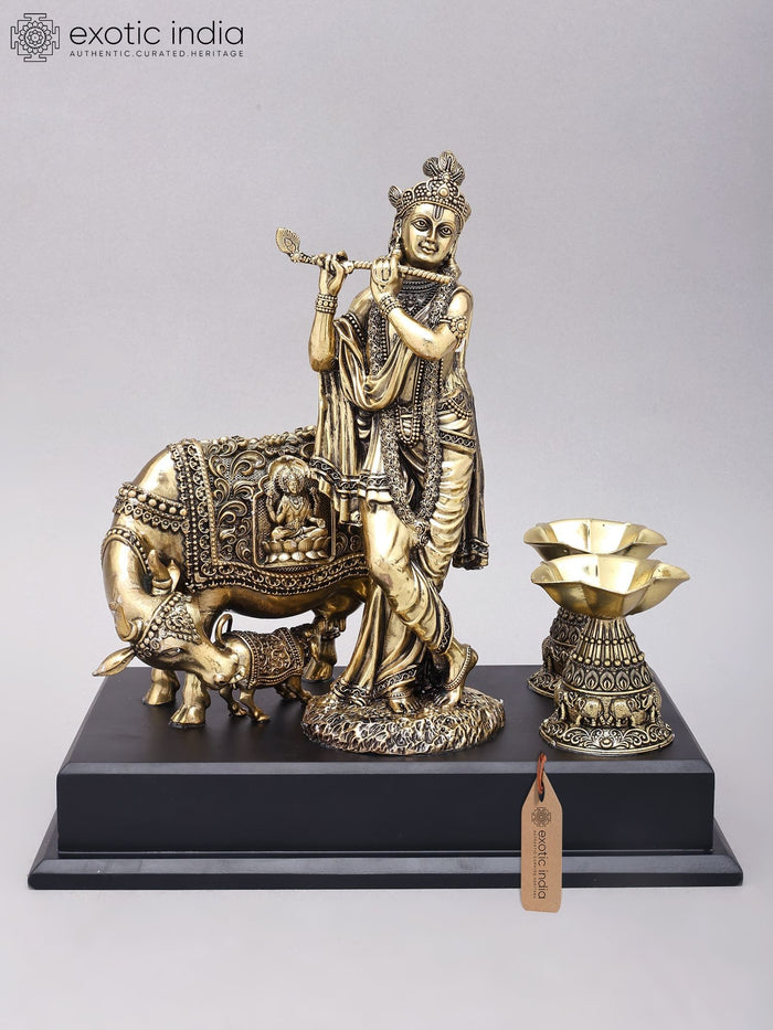 12" Handmade Brass Krishna Statue with Cow, Calf and Oil Lamps on Wood Base