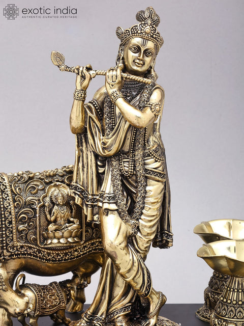 12" Superfine Fluting Krishna with Cow and Calf and Oil Lamps | Brass Statue on Wood Base