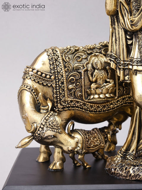 12" Superfine Fluting Krishna with Cow and Calf and Oil Lamps | Brass Statue on Wood Base