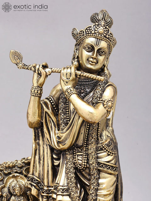 12" Superfine Fluting Krishna with Cow and Calf and Oil Lamps | Brass Statue on Wood Base